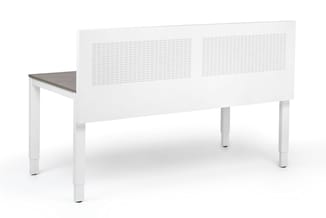 Witte akoestische werkplek met grijs blad, twee ventilatieroosterpanelen bovenop, vier witte poten, zijdelings gepositioneerd