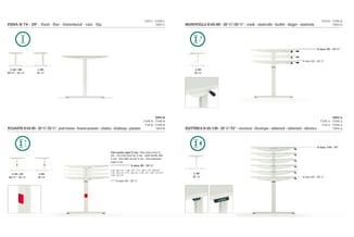 Technische tekeningen van vier kantoormeubeltypen: FISSA H 74 vaste tafel, MANOVELLA H 65/85 handmatig verstelbare tafel, PUL