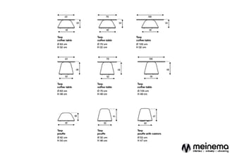 Terp-meubelserie in verschillende uitvoeringen: koffietafels (Ø 63-100 cm, H 32-48 cm), pouffe (Ø 62 cm, H 30 cm) en pouffe m