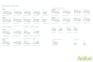 Moduloverzicht Artifort banken en zitmodules met afmetingen: sofas met lage en hoge armen, chaise longues, dormeuse, hoekelem