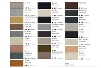 Oxford Stoffenoverzicht met 30 meubelstoffen in verschillende kleuren en materialen (textiel en leer) met aantal beschikbare