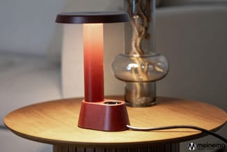 Rode tafellamp met frosted glazen kap op houten tafel, naast glazen vaas met gouden decoratie.