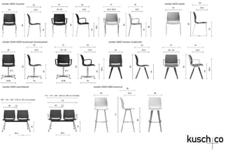 Kusch&Co stoelcollectie technische tekeningen: model 2000, 2020, 2040-2050, 2080 en 2000-2080 barkruk met afmetingen.