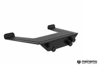 Zwarte ergonomische voetensteun met gebogen platform en vier verstelbare cilindervormige steunpunten.
