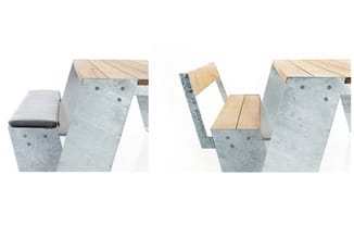 Betonnen traptreden met houten zittingen, twee uitvoeringen: vast zitgedeelte (links) en opvouwbare variant (rechts).