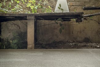 Onder afdak tegen vervuilde betonnen muur met groene planten en houten constructie.