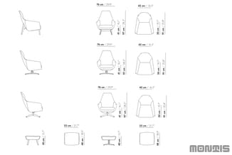 Technische tekeningen van moderne stoelen en voetbankjes met dimensies in cm en inches. Weergegeven zijn zijkanten, zijaanzic