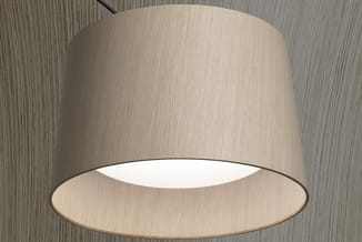 Ronde plafondlamp met houten afwerking en witte lichtopening, tegen houten wand gemonteerd.