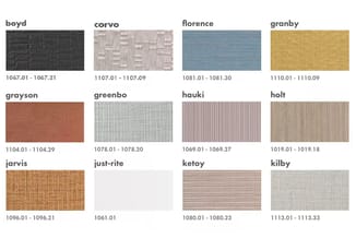 Kleurstalen voor textielproducten: boyd (zwart), corvo (beige), florence (blauw), granby (geel), grayson (rood), greenbo (gri