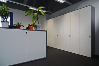 Moderne kantoorruimte met witte kastenwand met meerdere deuren, grijs frame. Links grijze balie met zwart frame. Potplanten o
