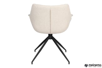 Beige stoel met gestoffeerde rugkuip, armsteunen en zwart driedelig spinnenpootonderstel, achteraanzicht.