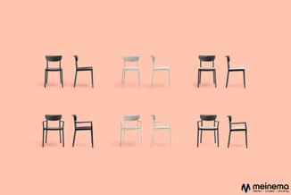 Zes moderne stoelen in twee rijen weergegeven tegen roze achtergrond: zwarte en grijze varianten met gebogen rugleuning en mi