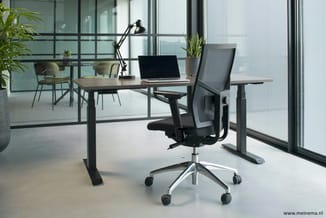 Modern kantoor met zwart elektrisch bureau, ergonomische bureaustoel met grijze mesh, zwarte tafellamp, potplanten en panoram