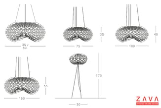 ZAVA hanglamp in verschillende maten: 35/50cm, 75cm, 100cm, 150cm. Vlechtwerk design in grijs/naturel. Technische tekeningen