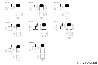 Fritz Hansen stoeloverzicht met technische dimensies: N02-10, N02-11, N02-20, N02-21, N02-30, N02-31, N02-40 en N02-50. Zijaa