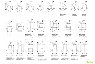 Productcatalogus met technische tekeningen van Beso stoelen en barkrukken in verschillende uitvoeringen: met vier poten, ster