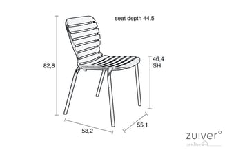 Zuiver stoel met afmetingen: hoogte 82,8 cm, zithoogte 46,4 cm, diepte 44,5 cm, breedte 58,2 cm, diepte zitting 55,1 cm. Hori