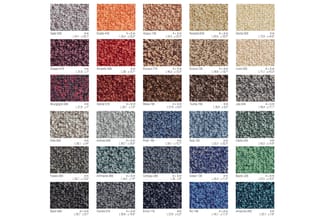 Kleurstalen van tapijt in diverse kleuren en patronen, elk met artikelnummer en afmetingen aangegeven.