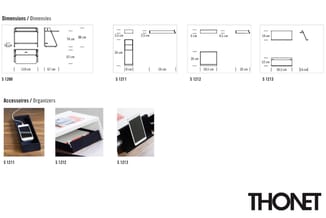 Dimensietekeningen en organizers van kantoormeubelen: S1200 kastunit, S1211 verticale organizer, S1212 horizontale documentho