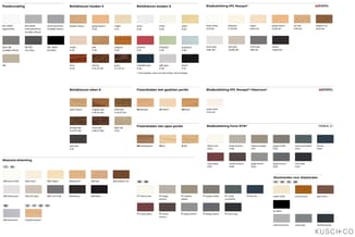 Kleurenpaletten voor meubelaccessoires: poedering, beitskleuren, fineerbladen, bladdekkingen en stools in diverse hout- en ku