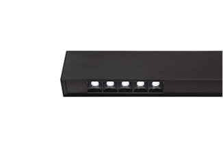 Zwarte lineaire LED-plafondlamp met vijf ingebouwde spotjes, bovenaanzicht.