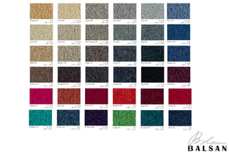 Balsan tapijtstalen in verschillende kleuren en texturen, gerangschikt in een grid met productcodes en afmetingen.