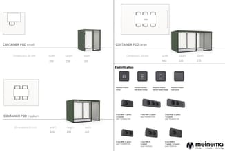 Container Pod serie in drie maten met afmetingen: Small (200x230x200cm), Medium (320x230x240cm) en Large (440x230x275cm). Ele