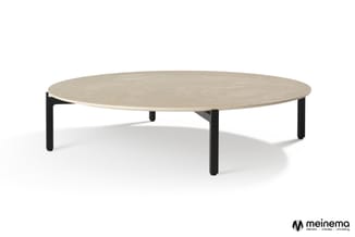 Ronde salontafel met licht grijs blad en zwarte poten, moderne minimalistische vormgeving.