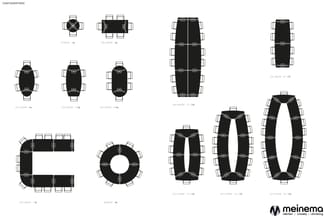 Overzicht van tafeltafel-configuraties in verschillende maten en vormen: rond, rechthoekig, U-vormig en ovaal, met zitplaatse