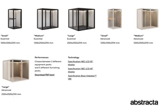 Zes varianten van glazen vergaderboxen in zwart en grijs met afmetingen en specificaties voor displays en audiovisuele appara