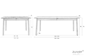 Twee houten uitschuiftafels met technische afmetingen: linker tafel 80cm breed (96-138cm uitgeklapt), rechter tafel 90cm bree
