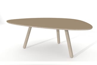 Ovale vergadertafel met grijs blad en drie houten poten in lichte houtkleur.
