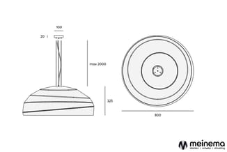 Technische tekening van een hangende akoestische lamp met diameter 800mm, hoogte 325mm, kabellengte max 2000mm en montagebeug
