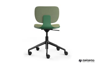 Groene bureausstoel met ergonomische rugleuning, zwart vijfpotig onderstel met wieltjes, frontale weergave.