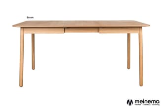 Houten eettafel Essen met rechthoekig blad, twee ingebouwde laden en vier ronde houten poten op witte achtergrond.