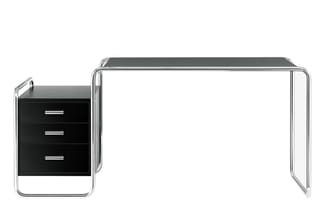 Bureauset met zwart ladeblok met drie laden en chromen frame, aangevuld met glazen tussenblad en wit bureau met chromen poten