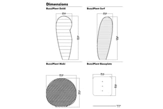 Technische dimensionering van vier BuzziPlant plantenbakken: Doldi (68x179 cm), Surf (64x178 cm), Mobi (127x129 cm) en Basepl