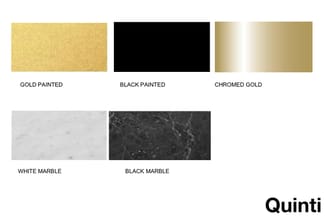 Vijf materiaalmonsters voor meubelafwerking: goudverf, zwartverf, chroomgoud, wit marmer en zwart marmer.