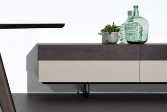 Lage sideboard met donker houtfineer bovenblad en lichtbeige laden, voorzien van glazen flessen en potplant als styling.