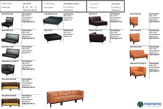 Productcatalogus met zwarte en oranje gestoffeerde banken en zitmeubelen in verschillende maten en configuraties van de Soho-