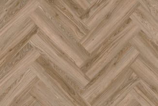Visgraat houten vloer in lichte bruine/beige tint met natuurlijke houtnerf en knopen.