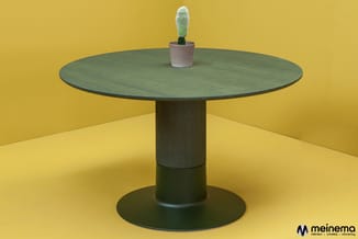Ronde tafel met groene houten blad en donkere poot op gele achtergrond, met witte cactus in pot.
