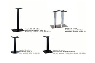 Vier tafelonderstellen: rechthoekig zwart (60x40 cm), dubbel rechthoekig grijs (75x40 cm), rond zwart (Ø 45-60 cm) en vierkan