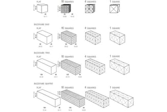 Buzzicube akoestische kasten in vier varianten (Duo, Trio, Quatro) met afmetingen, weergegeven in platte en 3D-configuraties