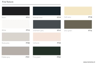 Kleurenpalette Fine Texture met 11 stoffingopties: Black, Midnight blue, Soft ivory, White, Sharkskin grey, Olive green, Dust
