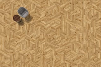 Overzicht van herringbone parketmotief met grijze stoel en houten salontafel