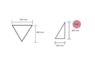 Twee driehoekige productsilhouetten met afmetingen: links 465mm breed en 405mm hoog, rechts 240mm breed en 405mm hoog met "Ne