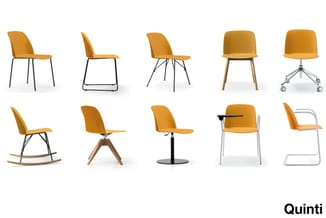 Tien gele Quinti stoelen in verschillende uitvoeringen: met metalen of houten poten, wieltjes, schommelvoeten en diverse zith