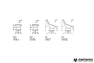 Technische tekeningen van vier Pala meubels: twee ottomans/tafels en twee loungefauteuils met afmetingen en rotatiegegevens.