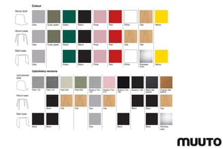 Kleurenpalette voor stoelontwerp: houten schaal, voet en slee in diverse kleuren (grijs, groen, zwart, roze, rood, wit, eik,